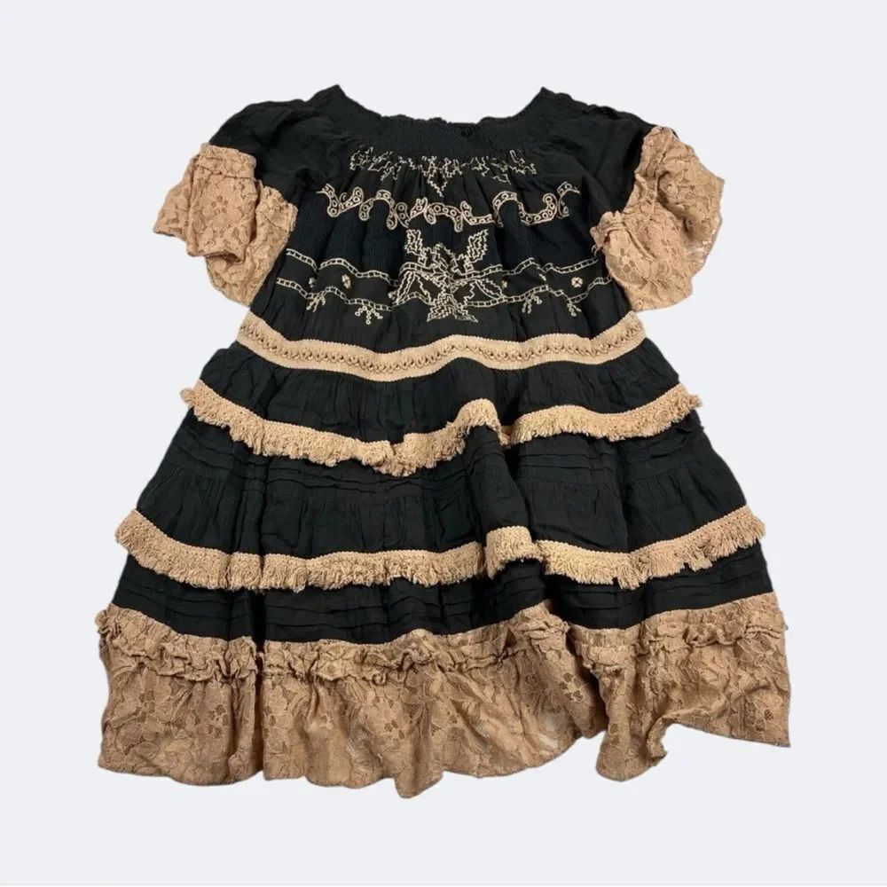 Barok Boho Cottagecore Peasant Dress S/M Tiered Embroidered Lace Festival